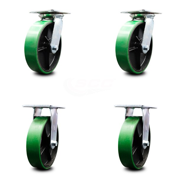 8 Inch Green Poly on Cast Iron Caster Set with Ball Bearings 2 Swivel 2 Rigid